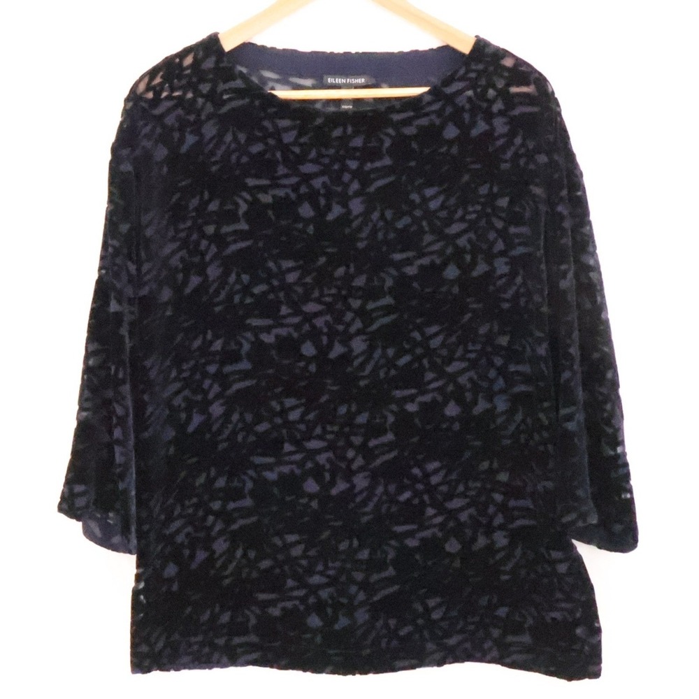 Eileen Fisher Velvet Burnout Top Silk Blend Womens Size XXS Navy Blue Evening